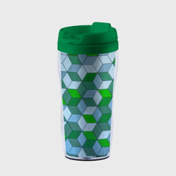 Термокружка-непроливайка Зелёные и серые абстрактные кубы с оптической иллюзии
