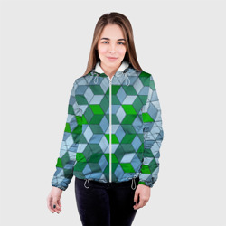 Женская куртка 3D Зелёные и серые абстрактные кубы с оптической иллюзии - фото 2