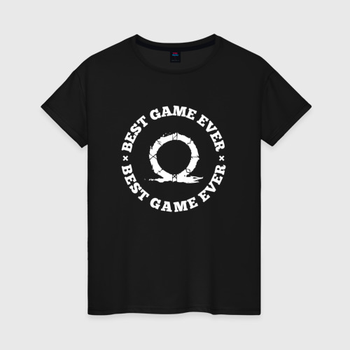 Женская футболка хлопок с принтом Символ God of War и круглая надпись best game ever, вид спереди #2