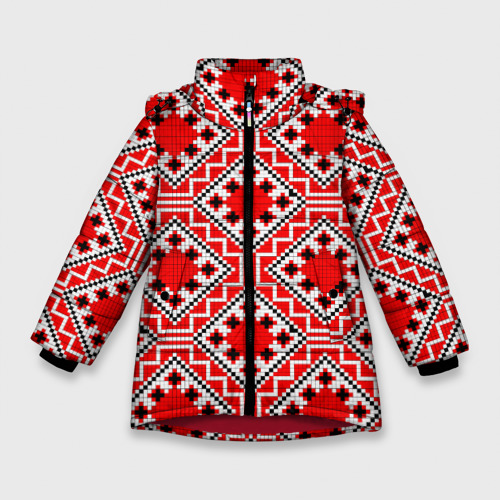 Зимняя куртка для девочек 3D с принтом Белорусская вышивка - орнамент, вид спереди #2
