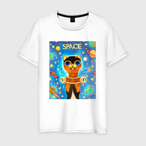 Мужская футболка из хлопка с принтом Кот - Повелитель Вселенной, вид спереди №1