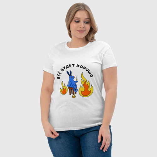 Женская футболка хлопок This is fine пародия с кроликом синим, цвет белый - фото 6