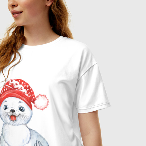 Женская футболка хлопок Oversize Новогодний тюлень, цвет белый - фото 3
