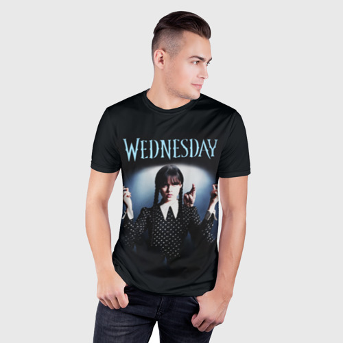 Мужская футболка 3D Slim с принтом Уэнсдей и Вещь, фото на моделе #1