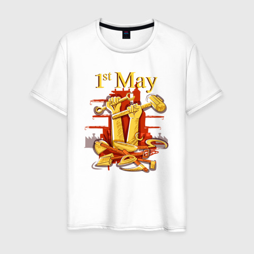 Мужская футболка из хлопка с принтом 1 Мая праздник трудящихся, вид спереди №1