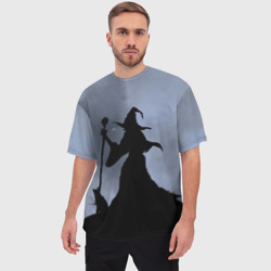 Мужская футболка oversize 3D Halloween - силуэт ведьмы с котом - фото 2