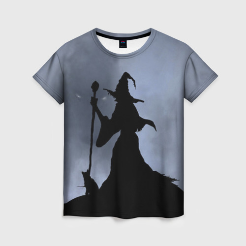 Женская футболка с принтом Halloween - силуэт ведьмы с котом, вид спереди №1