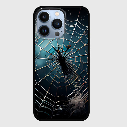 Чехол для iPhone 13 Pro Halloween - паутина на фоне мрачного неба, цвет черный