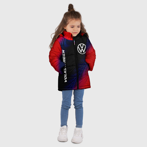 Зимняя куртка для девочек 3D с принтом Volkswagen красный карбон, вид сбоку #3