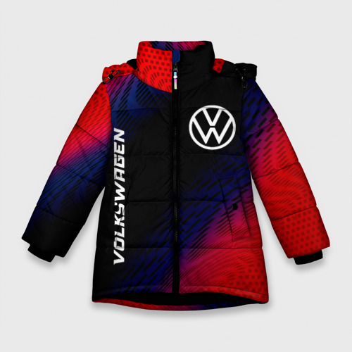 Зимняя куртка для девочек 3D с принтом Volkswagen красный карбон, вид спереди #2