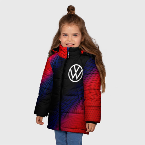 Зимняя куртка для девочек 3D с принтом Volkswagen красный карбон, фото на моделе #1