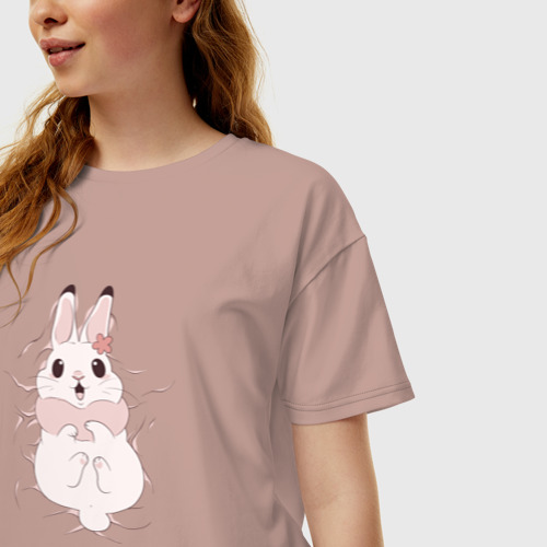 Женская футболка хлопок Oversize Cute white rabbit, цвет пыльно-розовый - фото 3