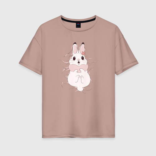 Женская футболка хлопок Oversize Cute white rabbit, цвет пыльно-розовый