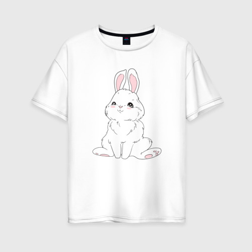 Женская футболка из хлопка оверсайз с принтом Милый белый зайчик с сердечками, вид спереди №1