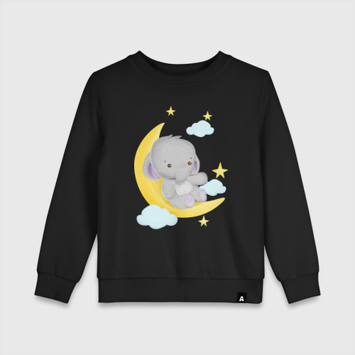 Детский свитшот хлопок с принтом Милый слонёнок сидит на месяце среди звёзд, вид спереди #2