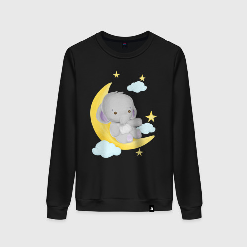 Женский свитшот хлопок с принтом Милый слонёнок сидит на месяце среди звёзд, вид спереди #2