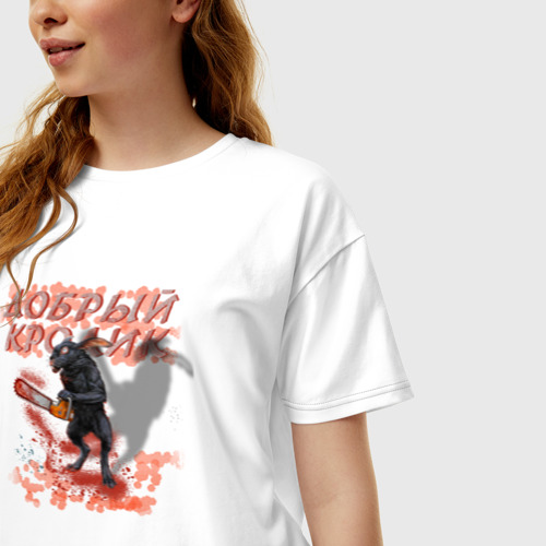 Женская футболка хлопок Oversize с принтом Злой Кролик Новый Год 2023, фото на моделе #1