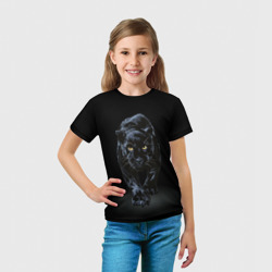 Футболка с принтом Черная пантера — хищница для ребенка, вид на модели спереди №3. Цвет основы: белый