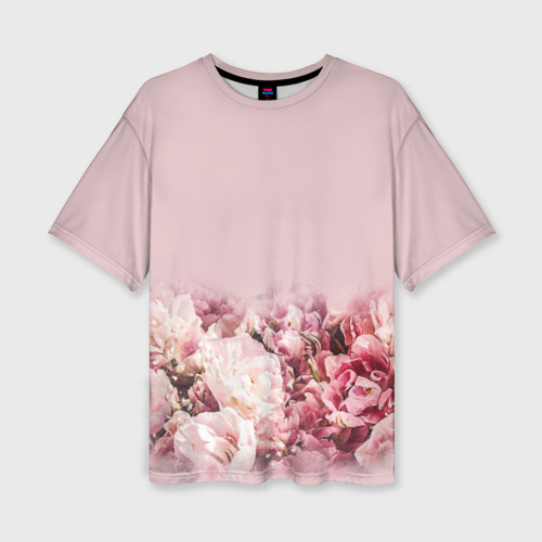 Женская футболка оверсайз с принтом Нежные розовые цветы в букете, вид спереди №1