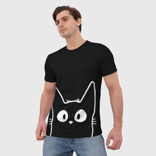 Мужская футболка 3D с принтом Кот в темной комнате, фото на моделе #1