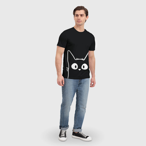 Мужская футболка 3D с принтом Кот в темной комнате, вид сбоку #3