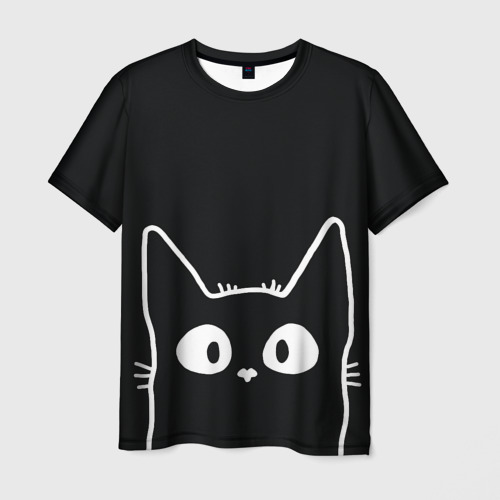 Мужская футболка 3D с принтом Кот в темной комнате, вид спереди #2