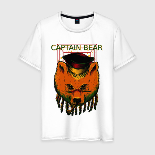 Мужская футболка из хлопка с принтом Медведь капитан с бородой, вид спереди №1