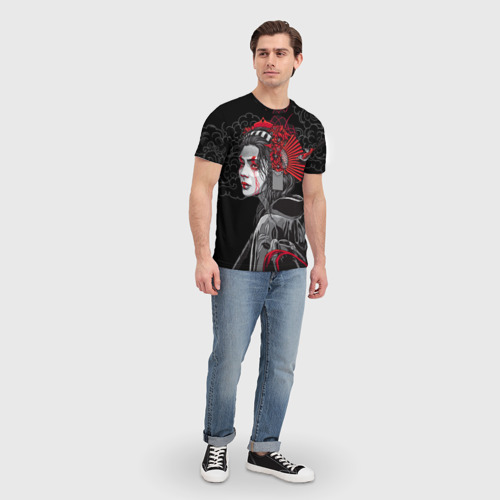 Мужская футболка 3D с принтом Гейша красным веером, вид сбоку #3