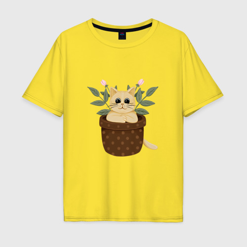Мужская футболка хлопок Oversize с принтом Забавный Кот в горшке с цветком, вид спереди #2