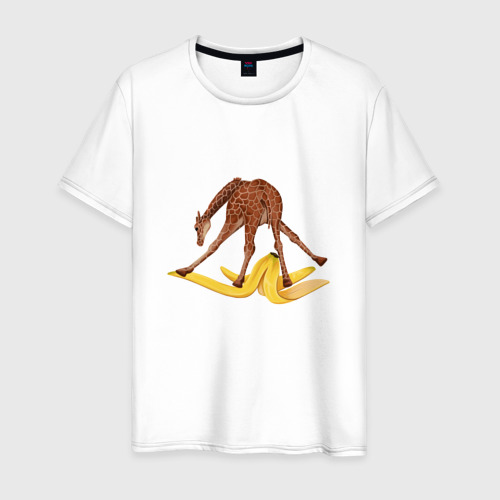 Мужская футболка из хлопка с принтом Жираф скользит на банановой кожуре, вид спереди №1