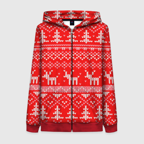 Женская толстовка 3D на молнии Рождественский красный свитер с оленями, цвет красный