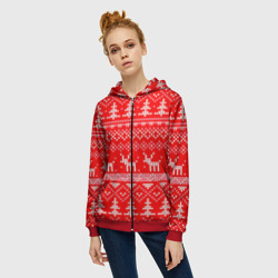 Женская толстовка 3D на молнии Рождественский красный свитер с оленями - фото 2