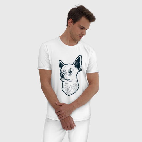Мужская пижама хлопок Чихуахуа с серьгой и пирсингом, цвет белый - фото 3