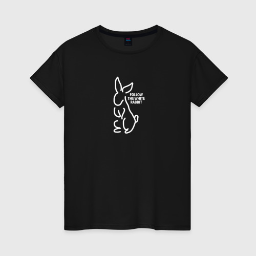 Женская футболка хлопок с принтом Следуй за кроликом, вид спереди #2