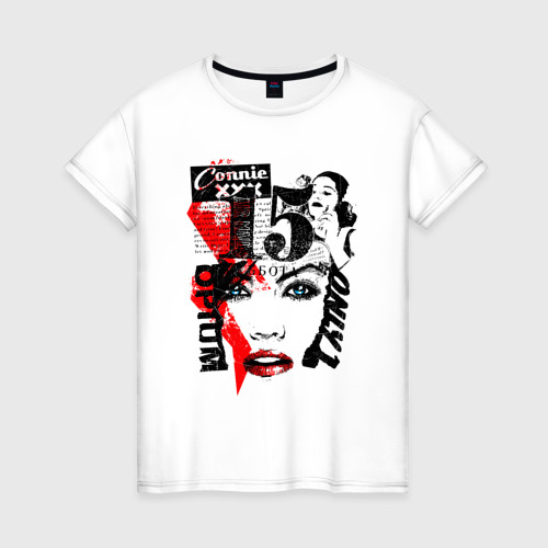 Женская футболка из хлопка с принтом Лицо девушки и молния, вид спереди №1