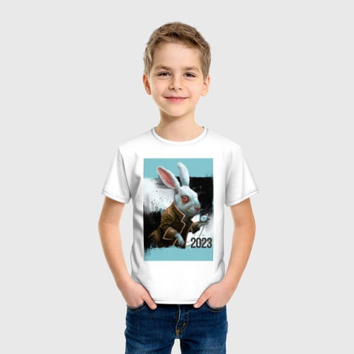 Детская футболка хлопок с принтом Rabbit Time 2023, фото на моделе #1