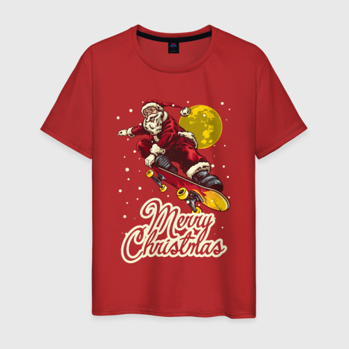 Мужская футболка хлопок Санта на скейте, цвет красный