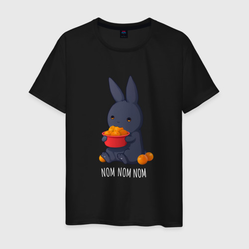 Мужская футболка хлопок Кролик и мандарины - Nom nom nom, цвет черный