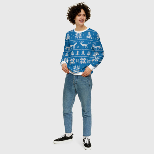 Мужской свитшот 3D Рождественский синий свитер с оленями, цвет белый - фото 5