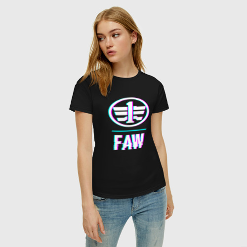 Женская футболка хлопок с принтом Значок FAW в стиле glitch, фото на моделе #1