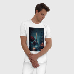 Пижама с принтом Нейросеть - Ночной Париж для мужчины, вид на модели спереди №2. Цвет основы: белый