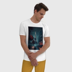 Мужская пижама с белой футболкой хлопок Нейросеть - Ночной Париж - фото 2