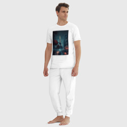 Пижама с принтом Нейросеть - Ночной Париж для мужчины, вид на модели спереди №3. Цвет основы: белый