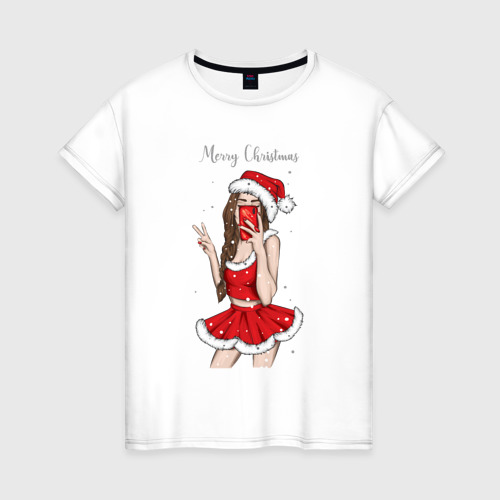 Женская футболка из хлопка с принтом Снегурочка селфи, вид спереди №1