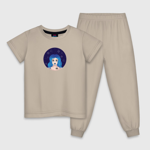 Детская пижама хлопок с принтом Девушка Водолей с голубыми волосами, вид спереди #2