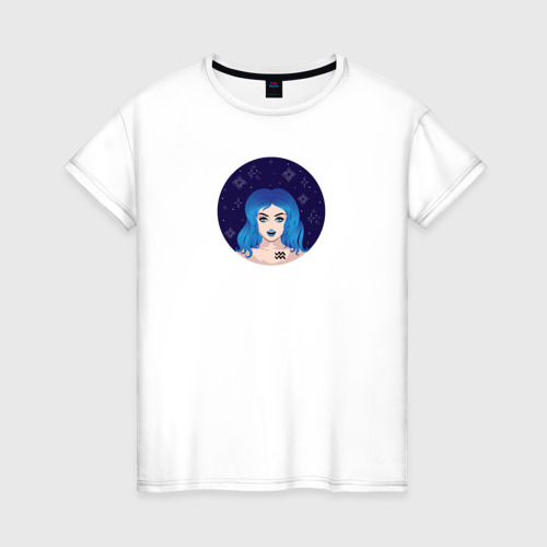 Женская футболка хлопок с принтом Девушка Водолей с голубыми волосами, вид спереди #2