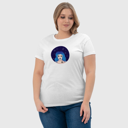 Женская футболка хлопок с принтом Девушка Водолей с голубыми волосами, фото #4