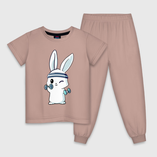 Детская пижама хлопок с принтом Прикольный зайчишка пауэрлифтер, вид спереди #2