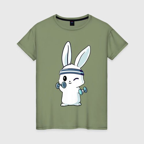 Женская футболка хлопок Прикольный зайчишка пауэрлифтер, цвет авокадо
