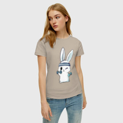 Женская футболка хлопок Прикольный зайчишка пауэрлифтер - фото 2